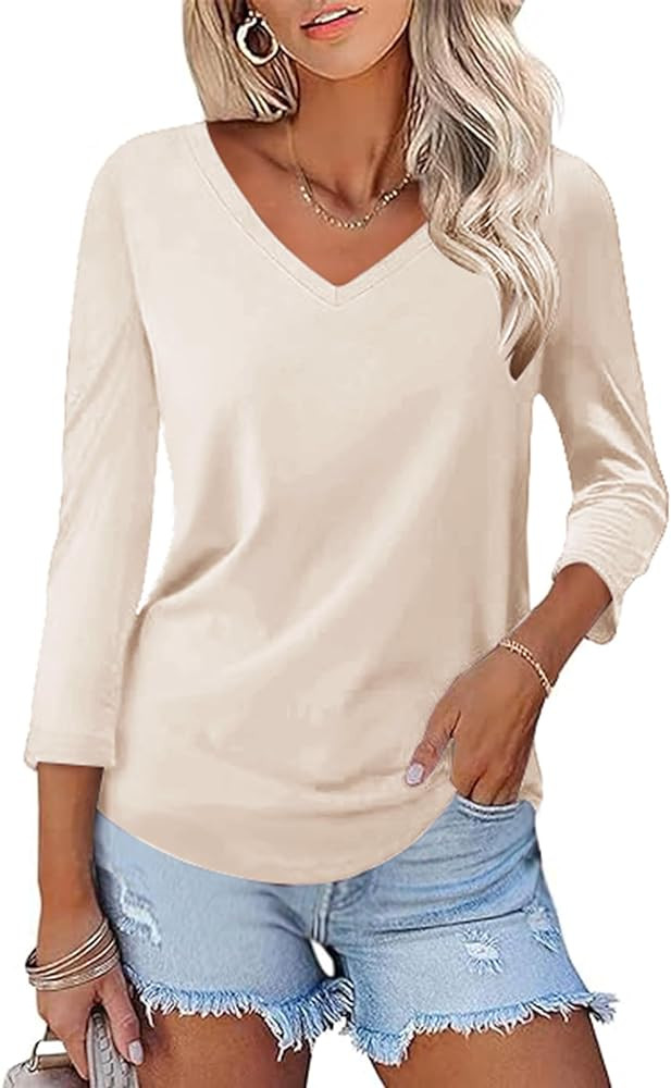 KTILG Women's V Neck T Shirts 3/4 Sleeve Blouse Summer Tops Dressy Casual Solid Basic Tees | Amazon (US)