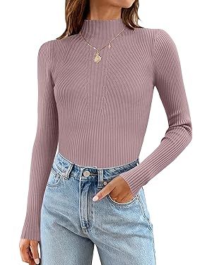 ZESICA Women's 2023 Fall Long Sleeve Turtleneck T Shirt Ribbed Knit Sweater Slim Fit... | Amazon (US)