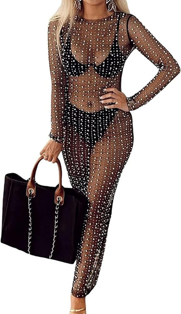 Willow Dance Women's Sheer Mesh Pearl Rhinestone Cover Up Beach Dress Swimwear Bikini Swimsuit Ba... | Amazon (US)