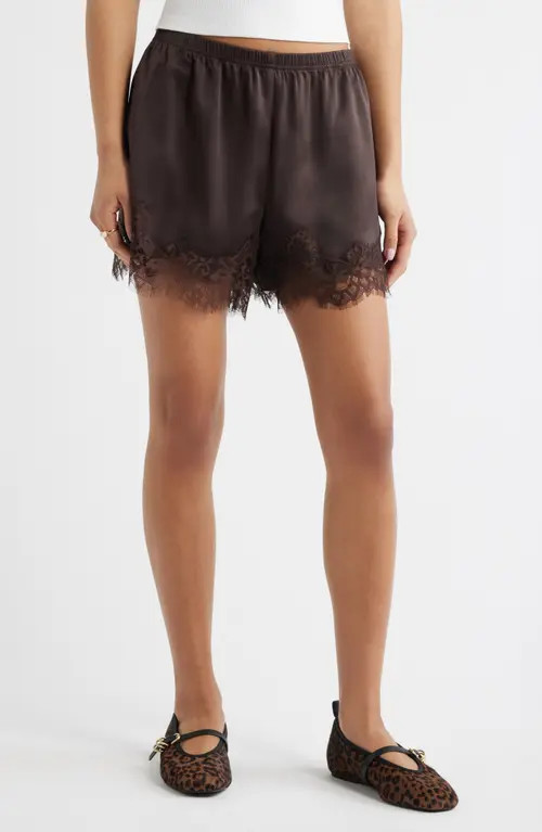 Open Edit Lace Trim Satin Shorts in Brown Seal at Nordstrom, Size Xx-Small | Nordstrom