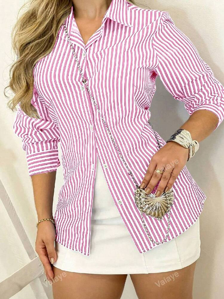 Striped Roll Up Sleeve Shirt Dress Button Front Long Sleeve Casual Dresses With Pockets | SHEIN