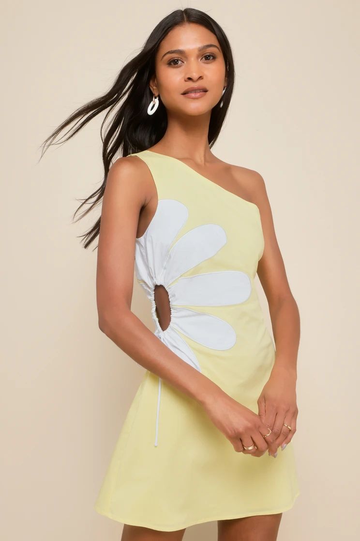 Sunny Design Yellow Cutout Flower One-Shoulder Mini Dress | Lulus