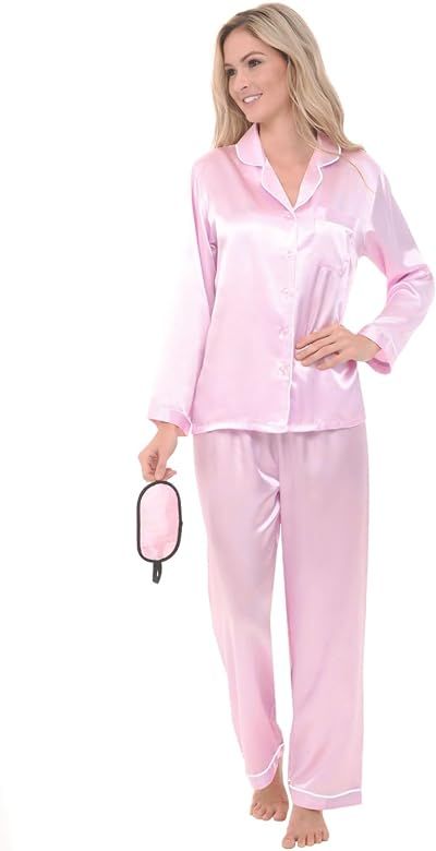 Women's Button Down Satin Pajama Set with Sleep Mask, Long Silky Pjs | Amazon (US)