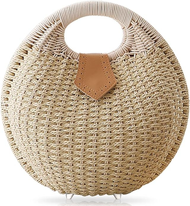Semi-circle Shell Shape Rattan Straw Handbags, Hand-woven Women Summer Retro Straw Round Handle B... | Amazon (US)