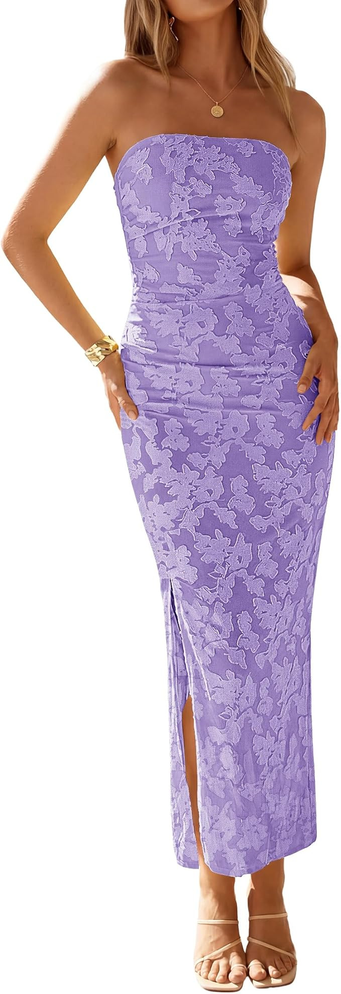 ZESICA Womens 2026 Summer Floral Strapless Maxi Dress Bodycon Side Slit Mesh Formal Cocktail Part... | Amazon (US)
