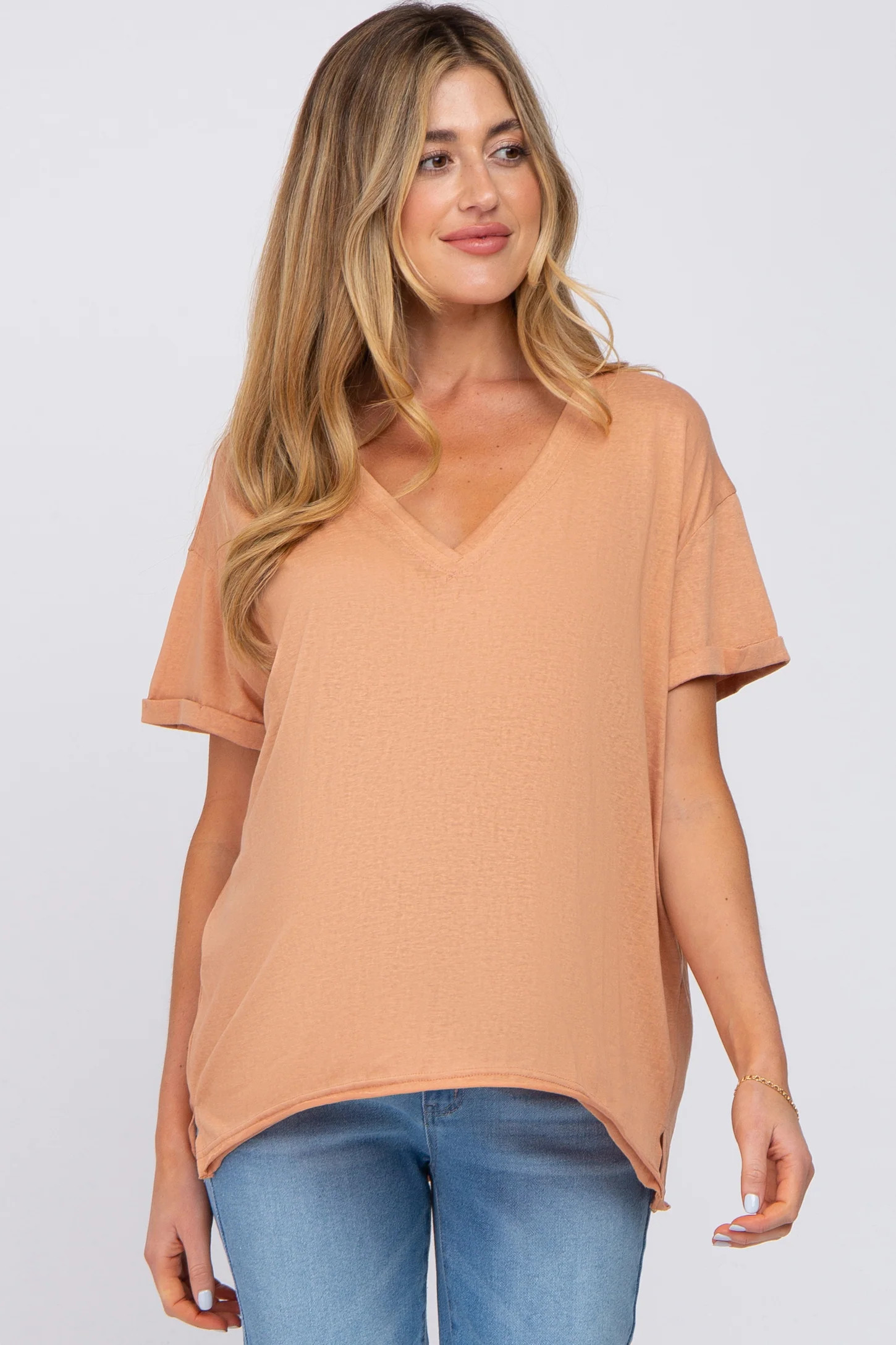 Rust Basic Rolled Short Sleeve Maternity Top | PinkBlush Maternity