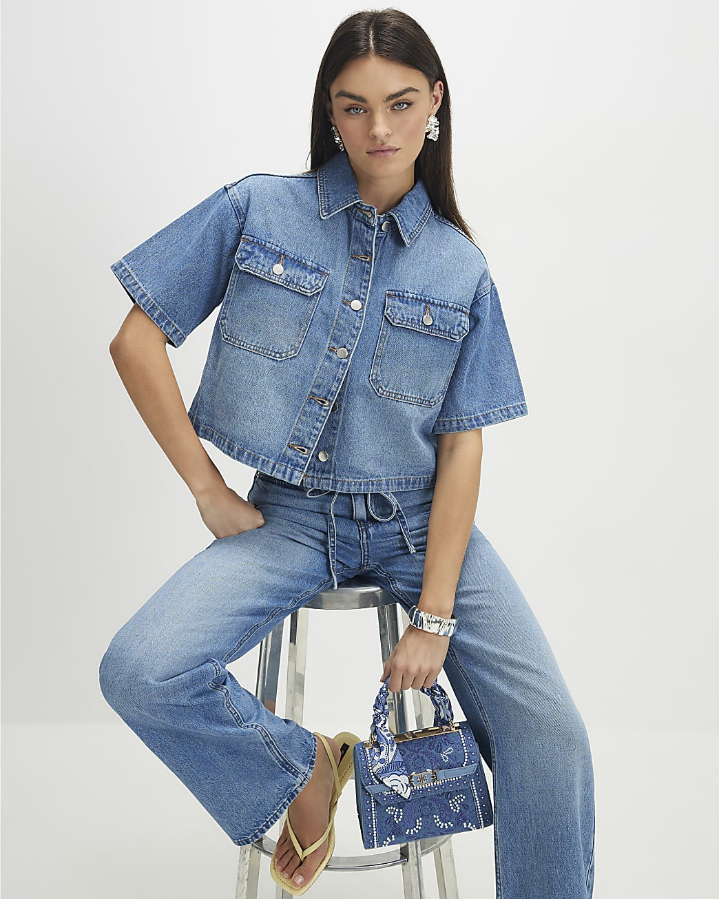 Blue Denim Pocket Front Boxy Shirt | River Island UK & IE