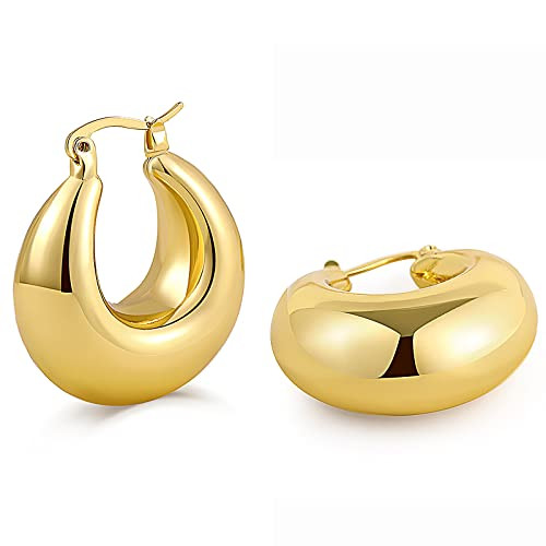 Chunky Gold Hoop Earrings for Women Lightweight Thick Hoops 18k Gold Plated Large Chunky Hoop Earrings Hypoallergenic Jewelry | Amazon (US)