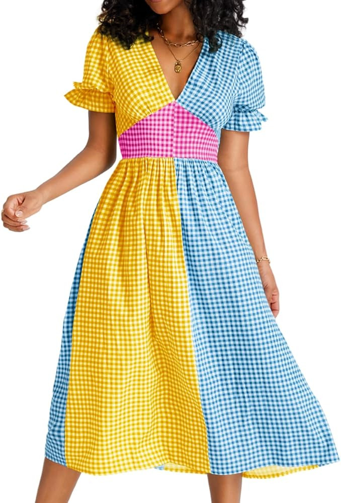 Kaei&Shi Color Block Gingham Dress,V Neck Puff Sleeve Midi Dresses,Cottagecore Vacation Summer Be... | Amazon (US)