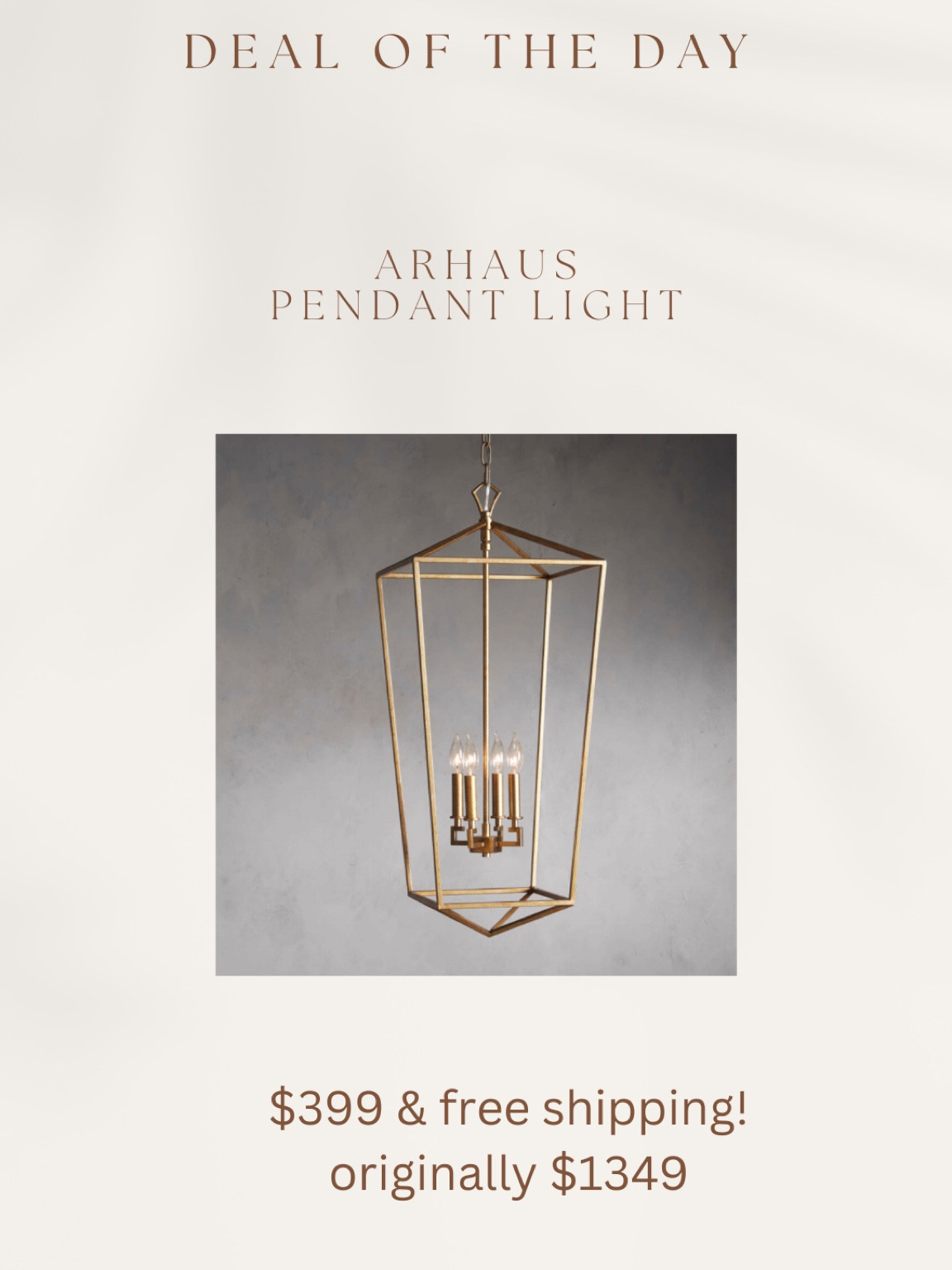 Wow! This beautiful arhaus pendant is almost $1000 off and free shipping! Last chance item  
$399! 14.5" Width x 14.5" Depth x 35.5" Height

