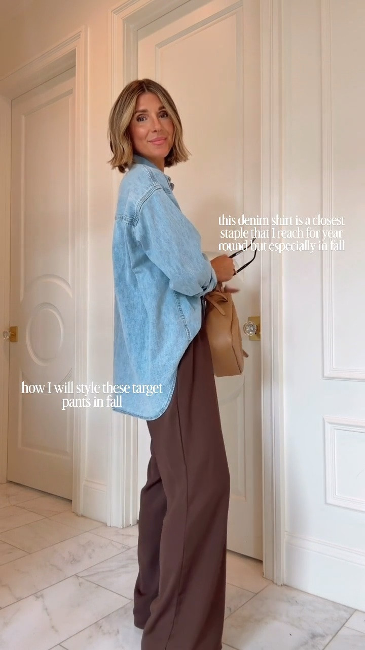 How I'm styling these wide leg pants from @Target that look and feel expensive. I suggest sizing down one size I'm an extra small. This denim shirt is one of my closet staples that I reach for year-round especially during fall. I'm wearing size small and if it's oversized.

#LTKfall #LTKstyletip