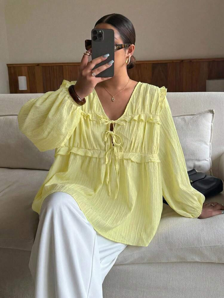Dripcurv Plus-Size Women's Yellow V-Neck Casual Lantern Sleeve Yellow Top, Loose-Fitting Everyday... | SHEIN