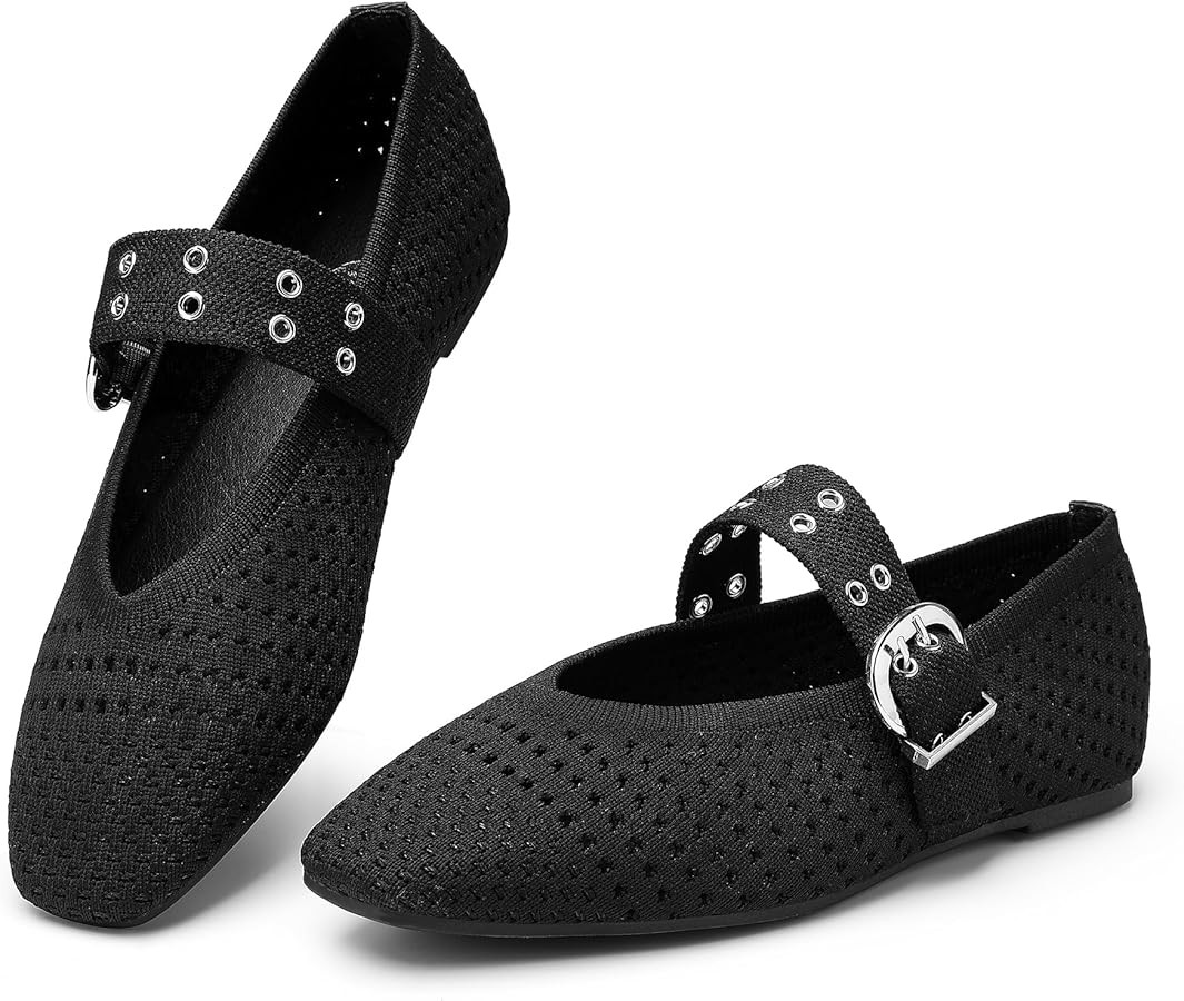 Trary Knit Flats for Women Square Toe Ballet Flats with Buckle Straps Mary Jane Shoes Women Comfo... | Amazon (US)