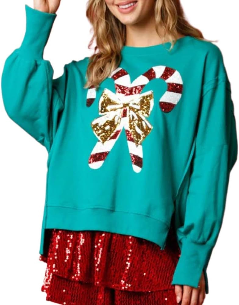 heyheyshine Womens Sequin Candy Sweatshirt Cute Pullover Casual Crewneck Tops Christmas Clothes P... | Amazon (US)