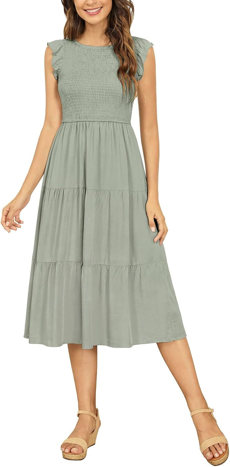 Zattcas Womens Tiered Dress Round Neck Ruffle Cap Sleeve Smocked Midi Dress | Amazon (US)