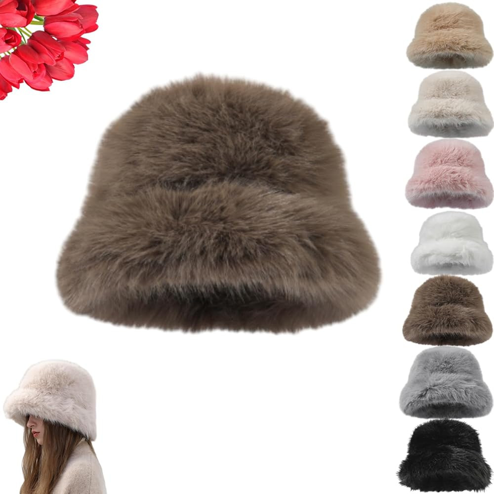 Womens Winter Fuzzy Warm Faux Fur Bucket Hat, Ladies Casual Cute Furry Bucket Hats, Solid Thick P... | Amazon (CA)