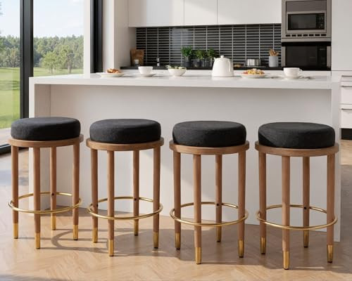 26’’ Rustic Backless Bar Stools with Hardwood Legs, Counter Height Stools Set of 4, Round Kitchen Barstools for Kitchen Island, Farmhouse Charcoal Linen Upholstered Wooden Stools with Footrest | Amazon (US)