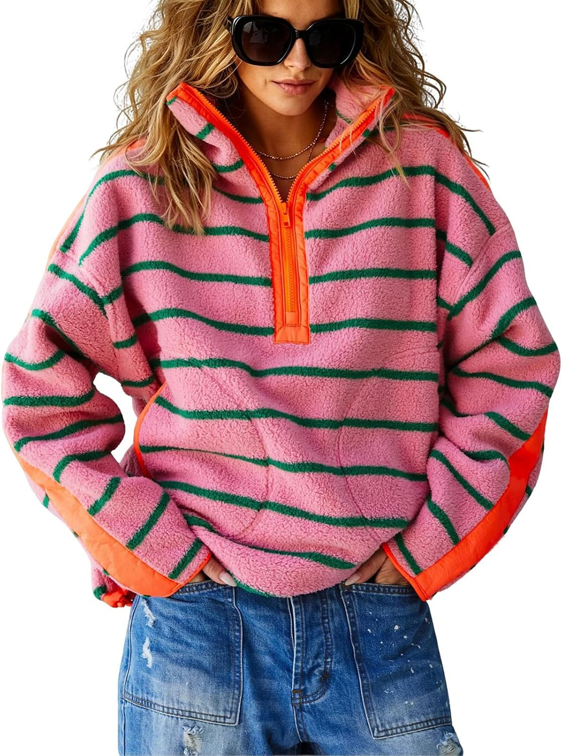 Women's Teddy Fleece Half Zip Pullover, Striped Sherpa Fleece Jacket Stand Collar Oversized Winter Warm Coats | Amazon (US)