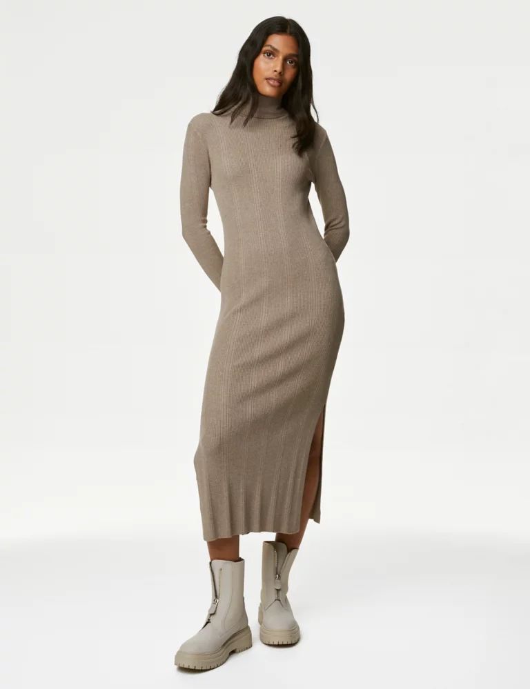 Knitted Ribbed Roll Neck Midi Dress | Marks & Spencer (UK)