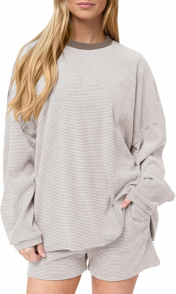 Women's Striped Lounge Set Long Sleeve Top Shorts Cotton 2 Piece Set | Amazon (US)