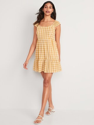 Fit & Flare Cap-Sleeve Plaid Smocked Mini Dress for Women | Old Navy (US)