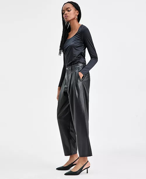 Women's Faux Leather Barrel-Leg Pants, Macy's Exclusive | Macy's