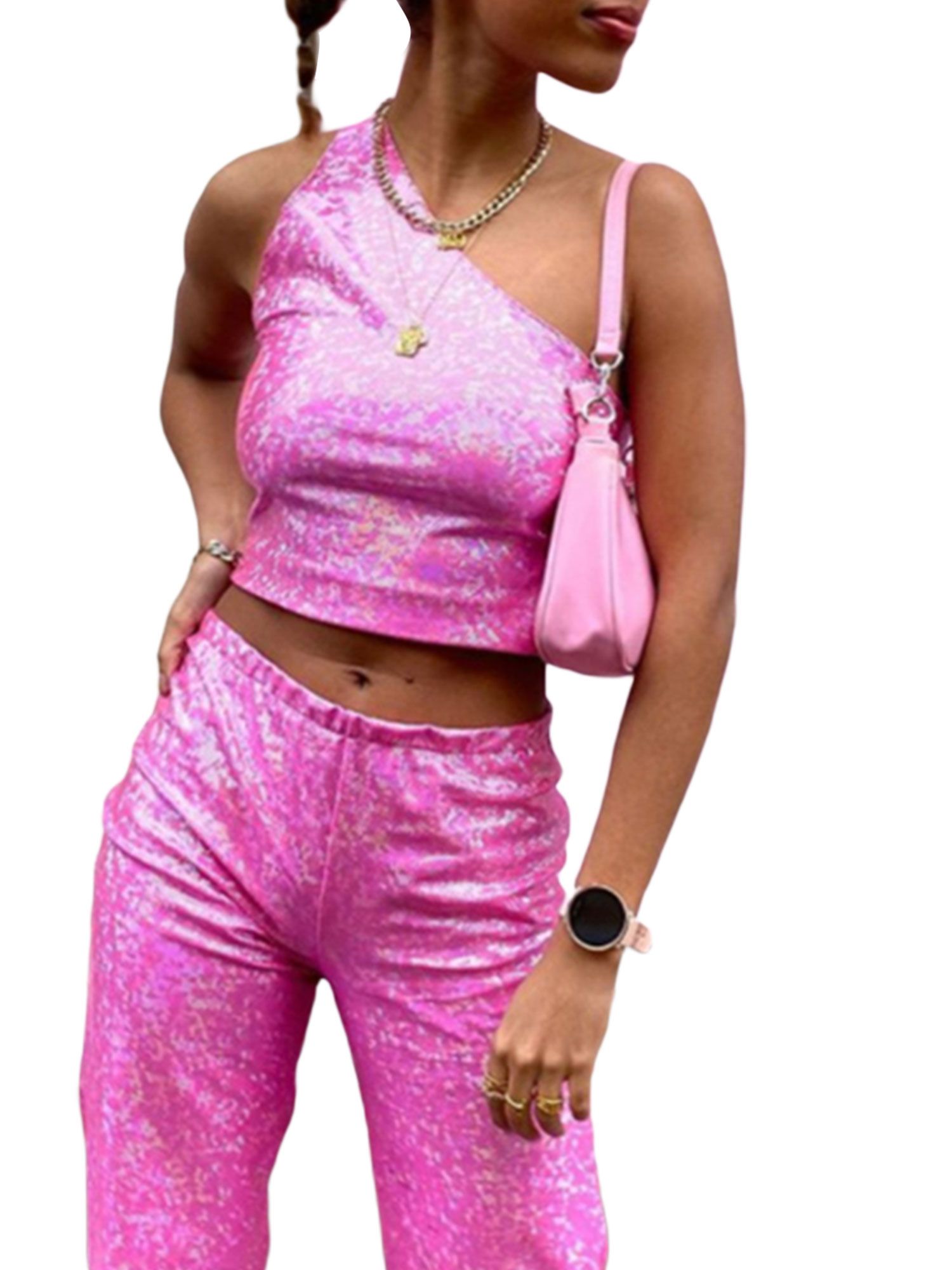 Women's One Shoulder Glitter Sequin Crop T-Shirt Top Glitter One Shoulder Sleeveless Crop Top Spa... | Walmart (US)