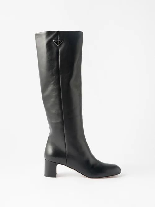 Prada - Logo-plaque 55 Leather Knee-high Boots - Womens - Black | Matches (UK)