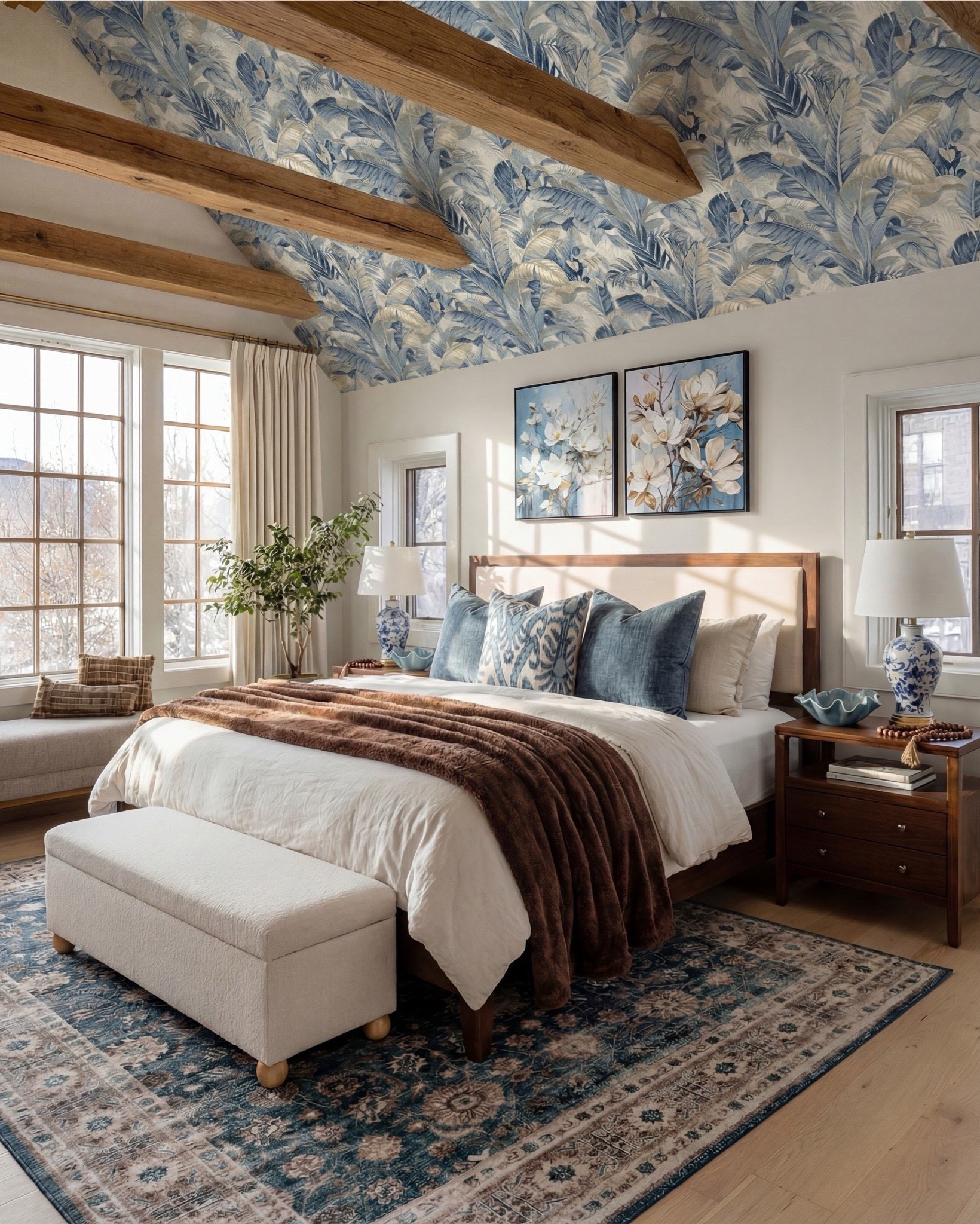 Bedroom Refresh : Shop The Look.
Most bedrooms style the bed—this one styles the whole scene. The patterned ceiling pulls your eye up, the rich throw adds warmth, and layered blues keep everything calm and collected. Symmetry, texture, and small styling moments make it feel intentionally designed—not overworked.

Shop The Look
• Warm-wood platform bed with upholstered headboard
• White duvet + layered blue accent pillows
• Brown faux-fur throw blanket
• Upholstered storage bench at the foot of the bed
• Matching warm-wood nightstands
• Blue ceramic table lamps
• Blue decor bowl
• Bead garland decor
• Stack of books (nightstand styling)
• Floral artwork pair above the bed
• Blue patterned area rug
• Built-in window bench with plaid pillow
• Potted floor plant in ceramic planter
• Blue botanical ceiling wallpaper with exposed wood beams

#LTKSaleAlert #LTKSpringSale

#LTKsale #LTKhome