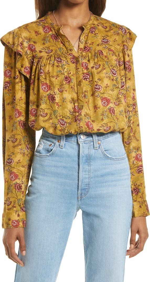 Floral Ruffle Trim Button-Up Shirt | Nordstrom