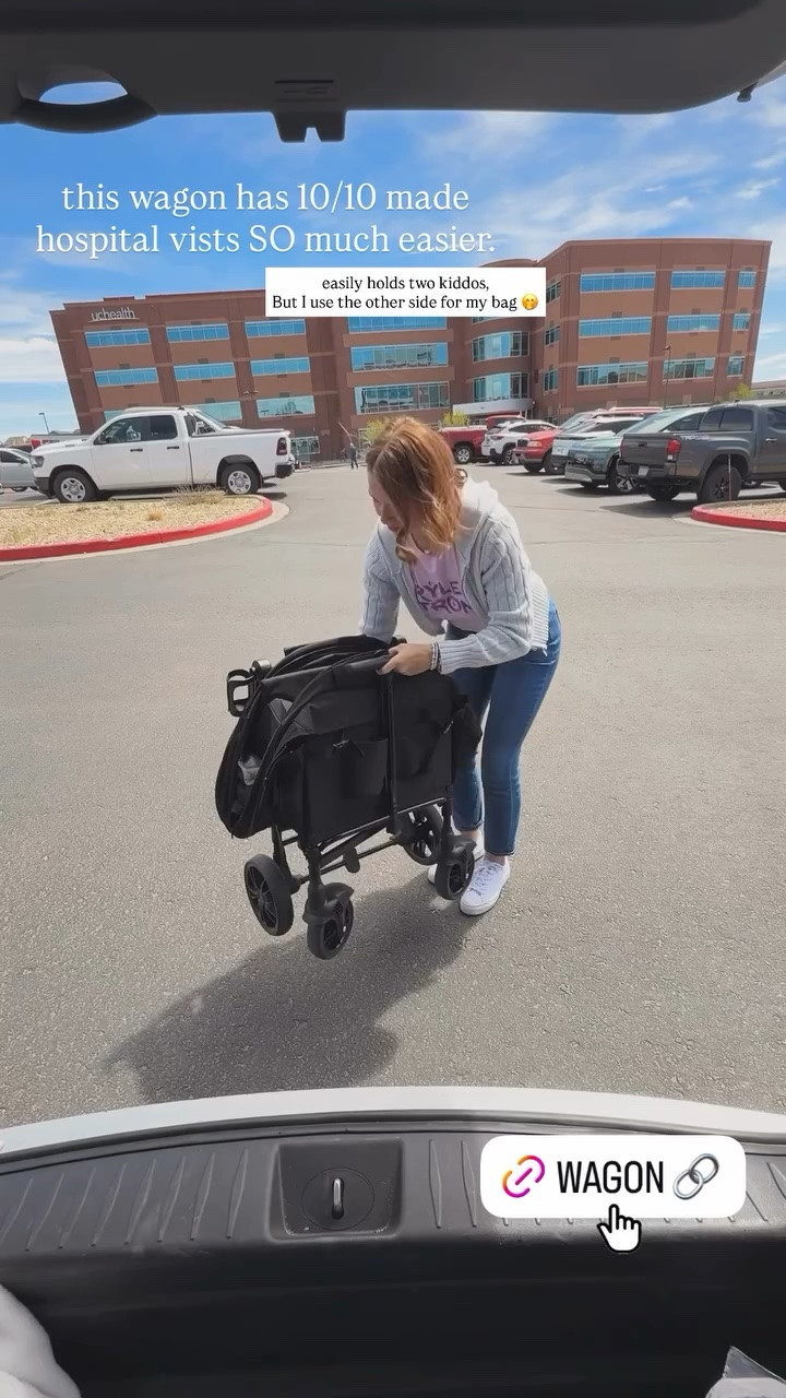 Wagon I take to the hospital. Handle bar folds down, and a pull of a cord on the inside folds the wagon down instantly. Holds two kids & has 5 point harness seat belts. Also has a detachable canopy cover (I use when it’s sunny or sometimes when it snows).

#LTKmomlife #LTKdayinmylife