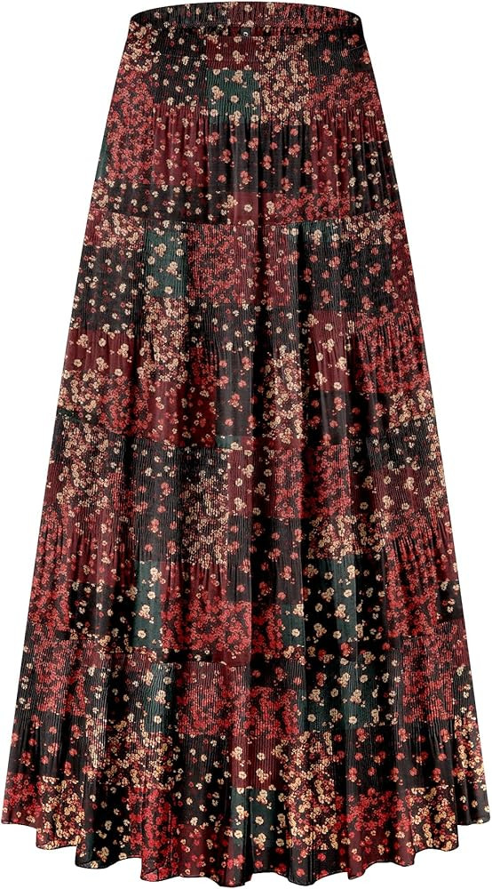 Women's Chiffon Elastic High Waist Tiered Pleated Floral Printed A-Line Boho Long Maxi Skirts | Amazon (US)