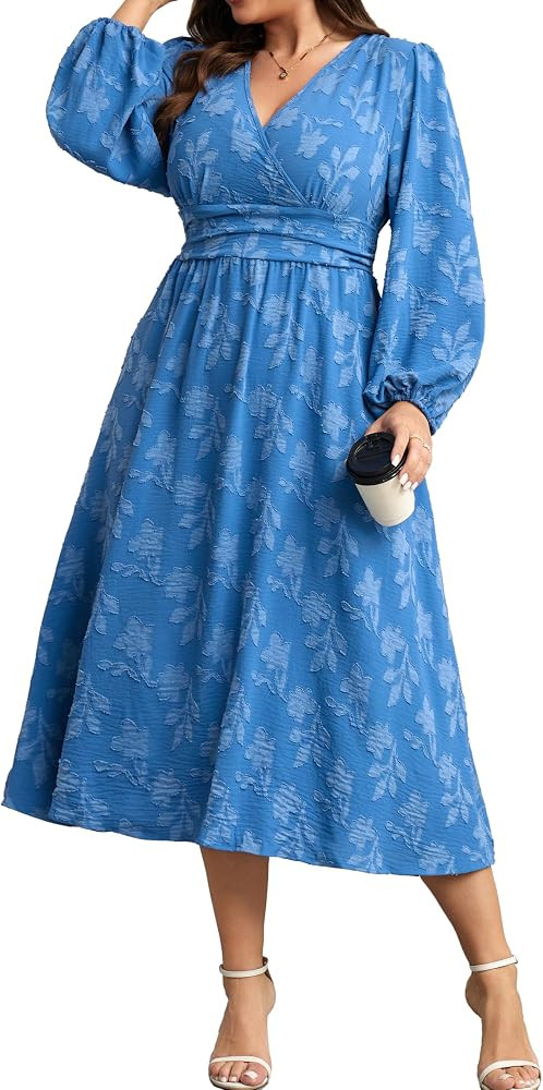Women's Plus Size Fall Wedding Guest Dress V Neck Swiss Dot Long Sleeve | Amazon (US)