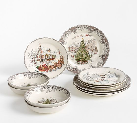 Vintage Christmas Stoneware 12-Piece Dinnerware Set | Pottery Barn (US)