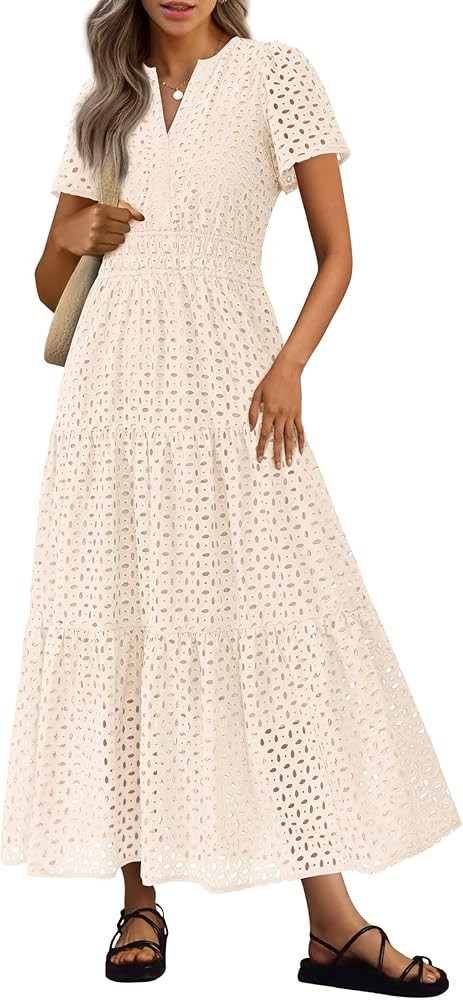 PRETTYGARDEN Womens 2026 Summer Maxi Dress Short Sleeve V Neck Hollow Out Eyelet A Line Long Flow... | Amazon (US)
