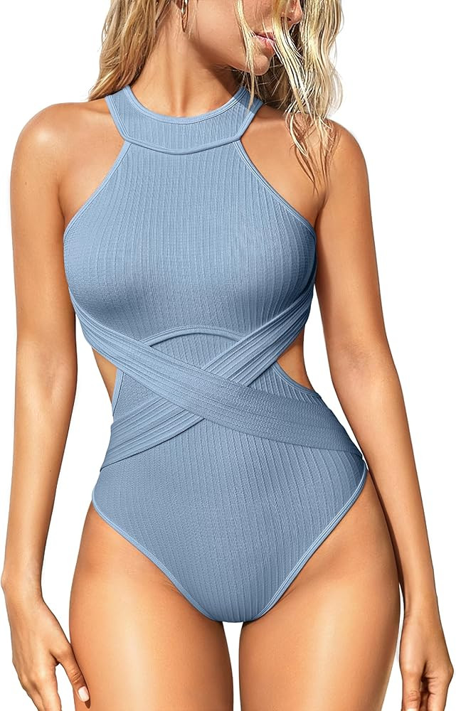 OQQ Women's One Piece Swimsuits Tummy Control High Waisted Cross Bathing Suit Wrap Tie Back 1 Pie... | Amazon (US)