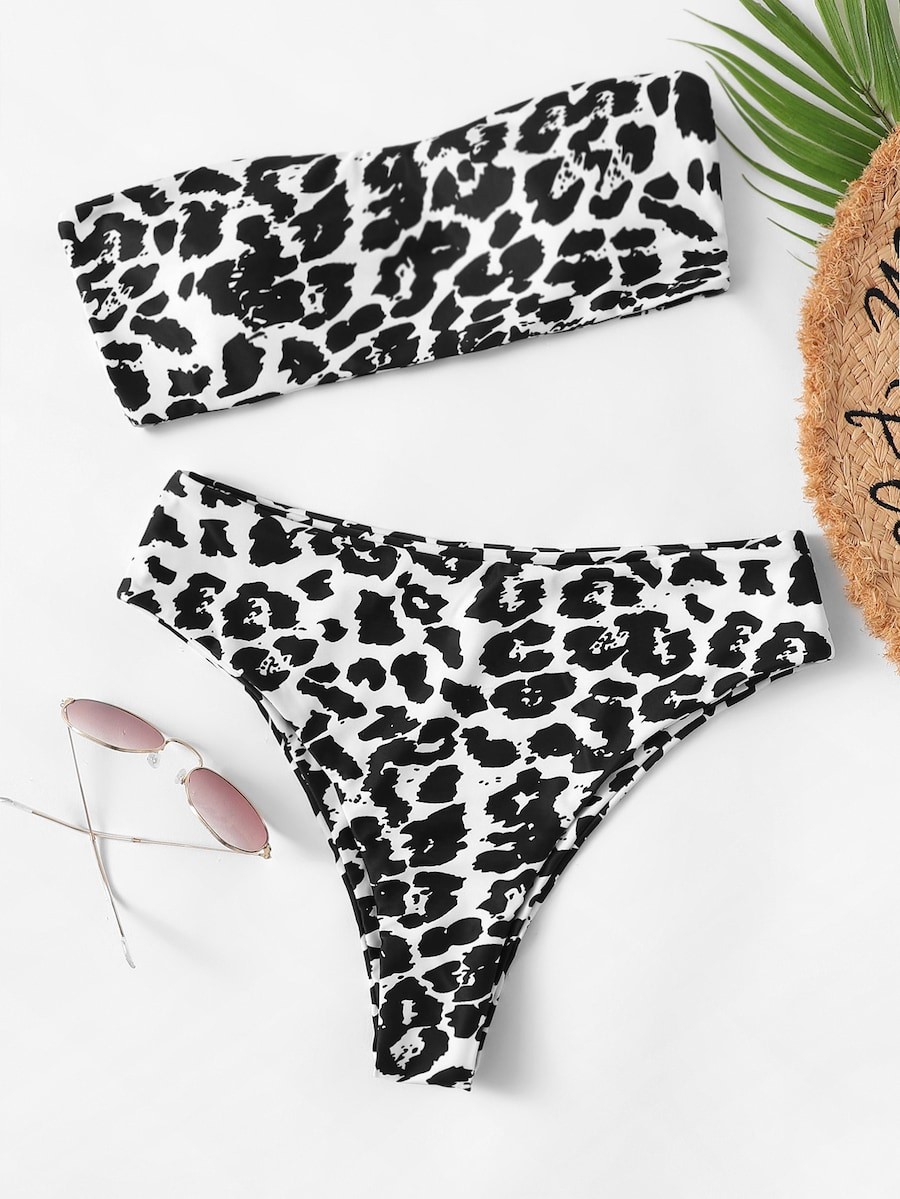 Leopard Print Bandeau With High Waist Bikini Set | SHEIN