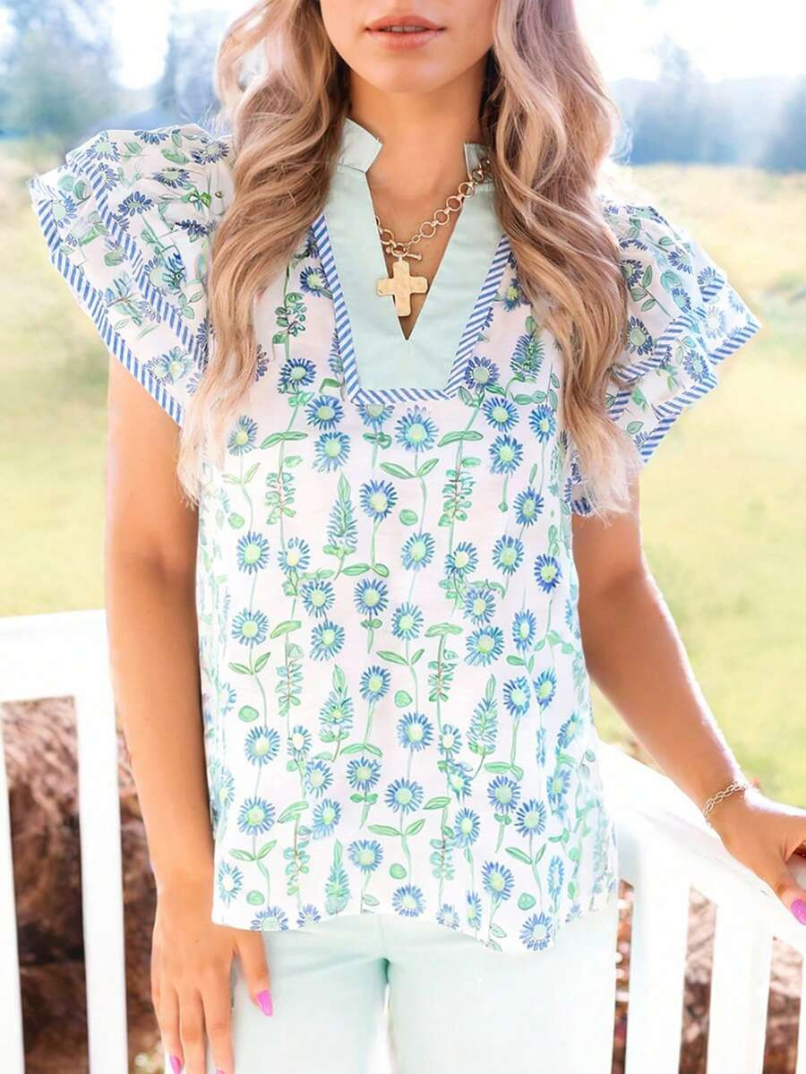 Acelitt Summer Light Green Floral Patchwork Striped Print Contrasting V-Neck Loose Ruffle Sleeves... | SHEIN