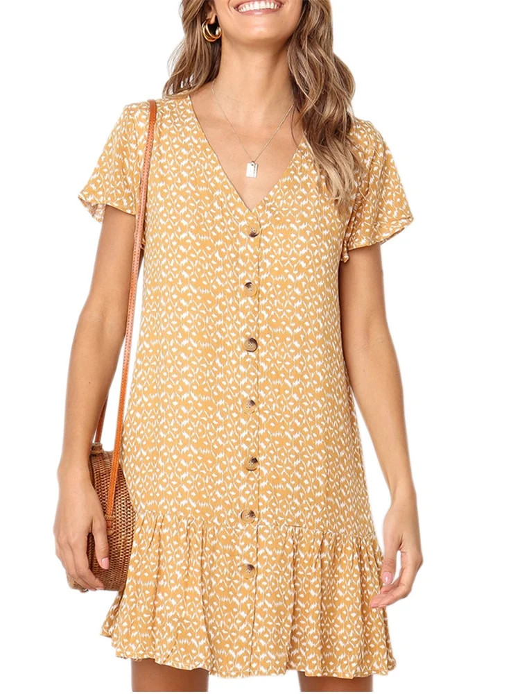 Sebuysun Summer V-neck Women Print Casual Buttons Dress - Walmart.com | Walmart (US)