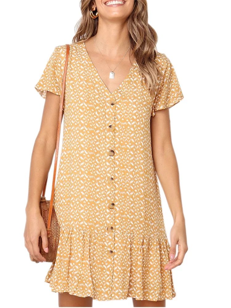 Sebuysun Summer V-neck Women Print Casual Buttons Dress - Walmart.com | Walmart (US)