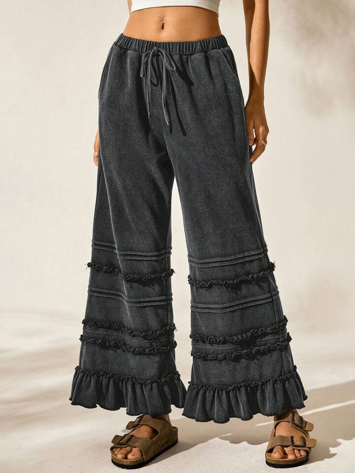 Easelle Women's Summer Casual Vacation Black Distressed Wash Loose Flare Cropped Pants | SHEIN