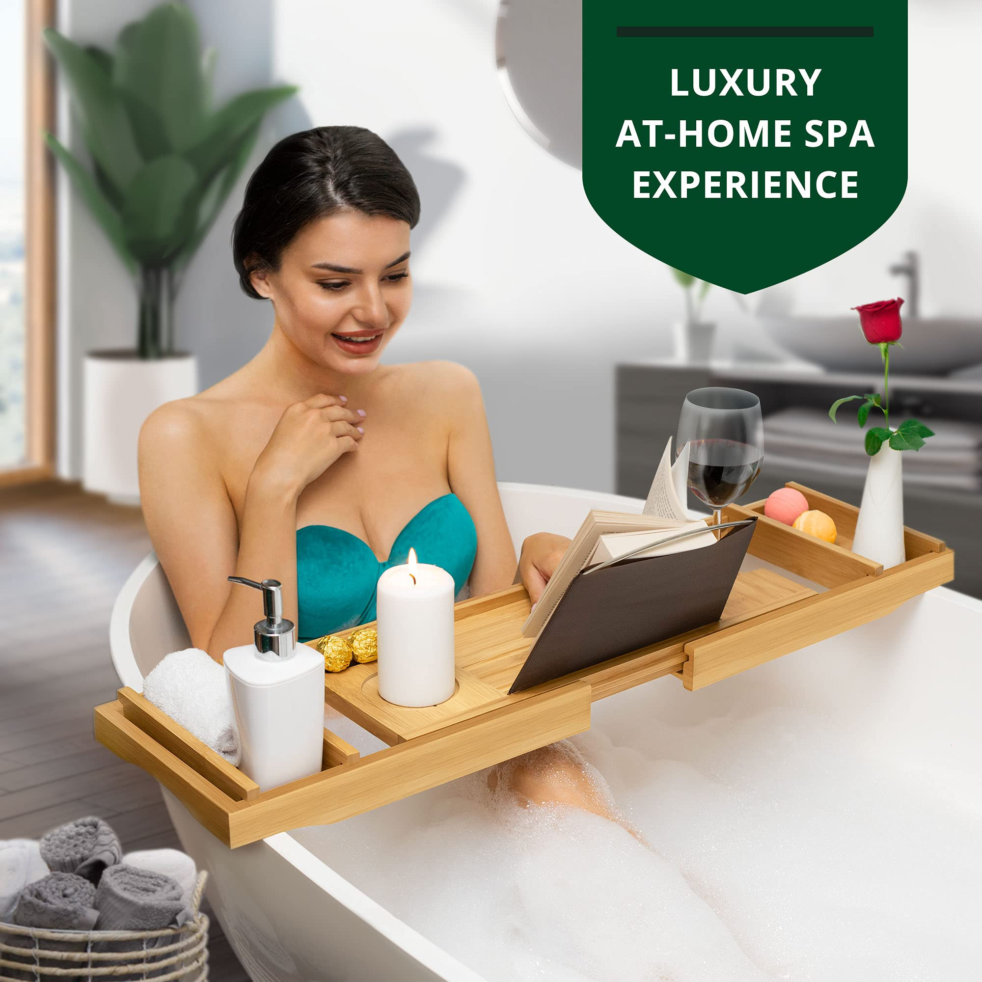 Luxury Bathtub Caddy Tray, 1 or 2 Person Bath and Bed Tray, Bath Tub Table Caddy with Extending Side | Amazon (US)