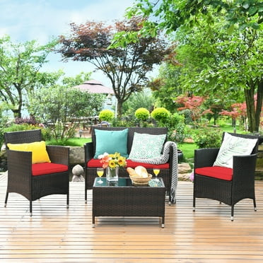 Costway 4PCS Patio Rattan Conversation Glass Table Top Cushioned Sofa Red | Walmart (US)