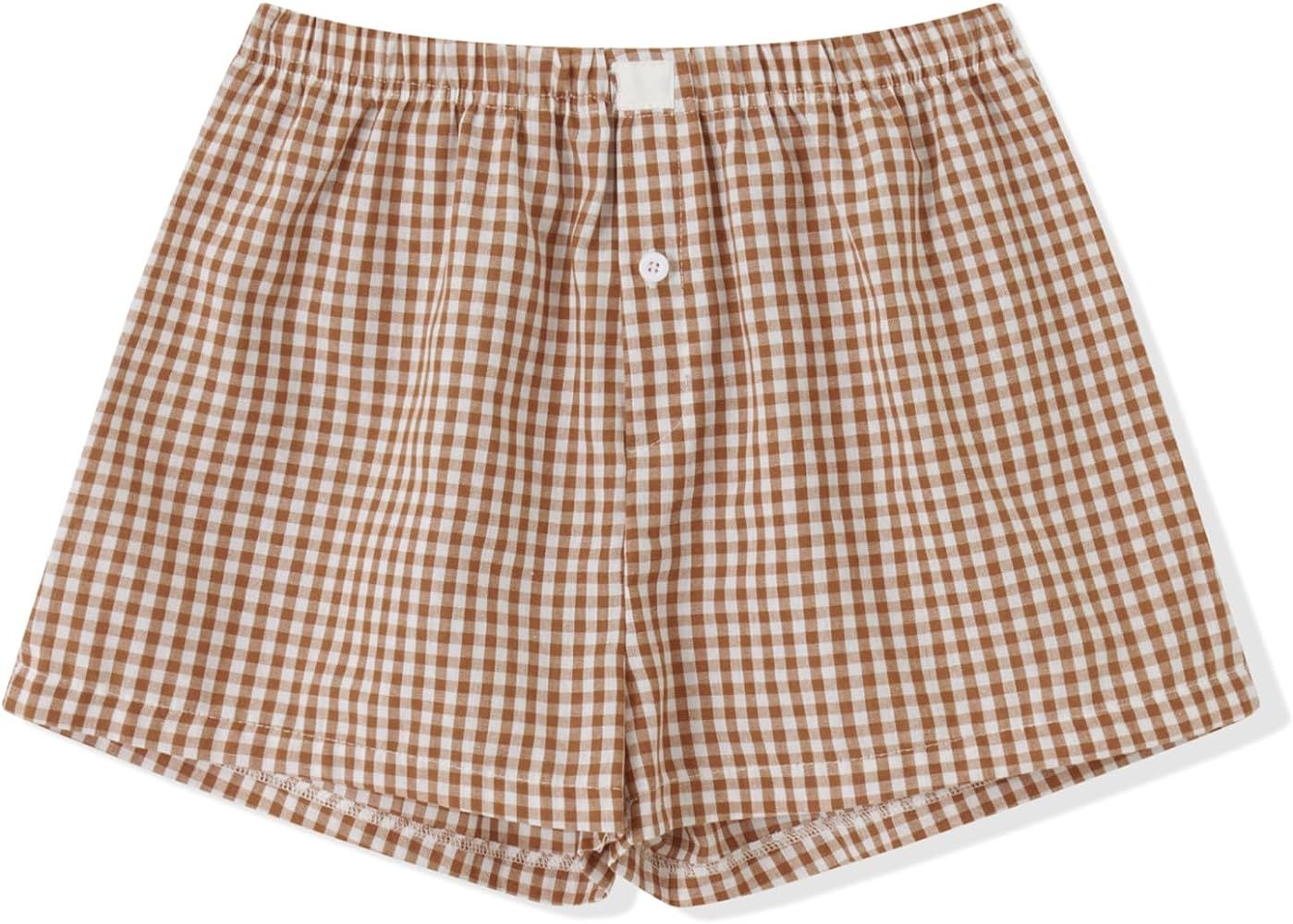 Women Y2k Pajamas Shorts Micro Button Boxers Elastic Waist Cute Pj Bottoms Summer Plaid Lounge Sh... | Amazon (US)