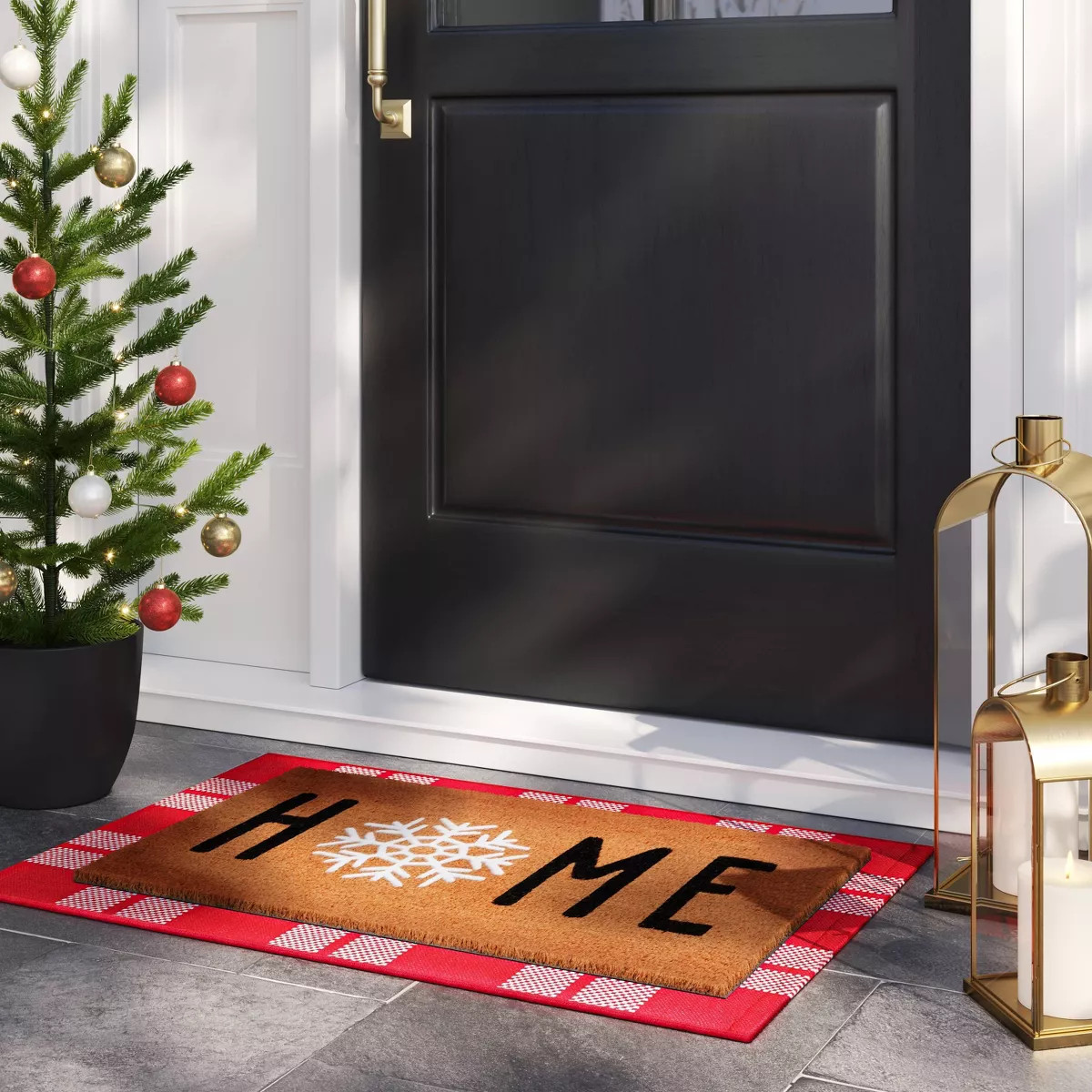 1'6"x2'6" Christmas Snowflakes 'Home' Flocked Coir Doormat Black/White - Wondershop™ | Target