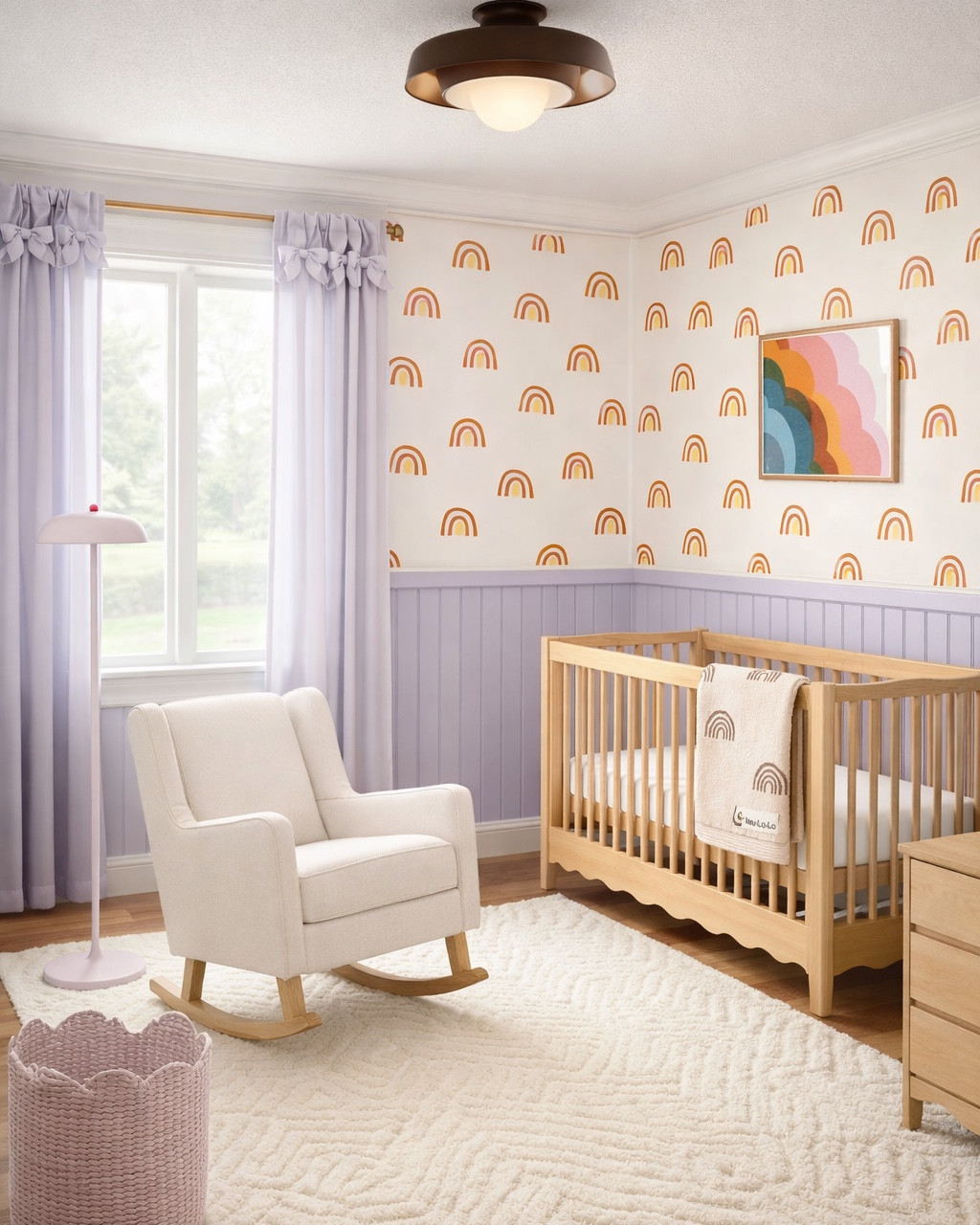 Cute nursery mood board, scalloped crib and dresser, neutral rocker and rug, cute wallpaper from Chasing Paper. #homedecor #nursery 

#LTKBump #LTKHome #LTKBaby