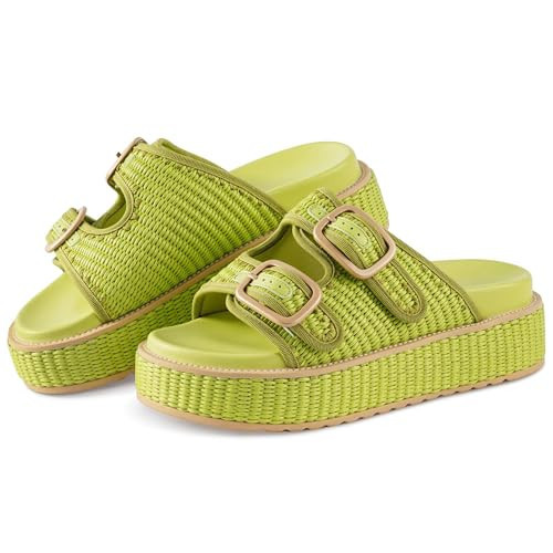 KaroNairy Green Platform Sandals for Women Raffia Espadrille Woven Straw Sandal Adjustable Double Buckle Strap For Summer Beach 7 | Amazon (US)