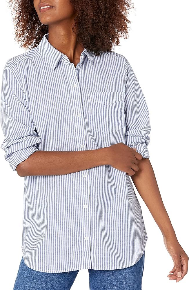 Amazon.com: Goodthreads Women's Washed Cotton Long-Sleeve Boyfriend Tunic, Dark Blue/White, Pinst... | Amazon (US)