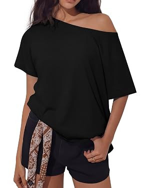 REORIA Women's Off The Shoulder Oversized T Shirts Short Sleeve Casual 2026 Summer Basic Tees for... | Amazon (US)