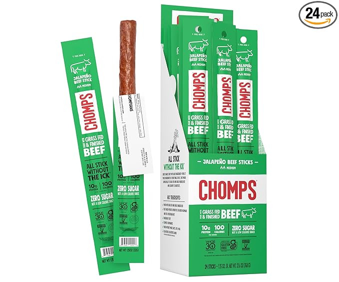 Chomps Grass-Fed and Finished Jalapeño Beef Jerky Snack Sticks 24-Pack - Keto, Paleo, Whole30, 1... | Amazon (US)